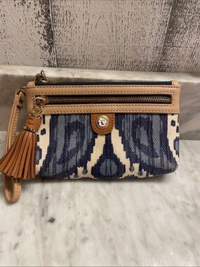 Spartina Navy Canvas Wristlet with Tan Leather Trim
